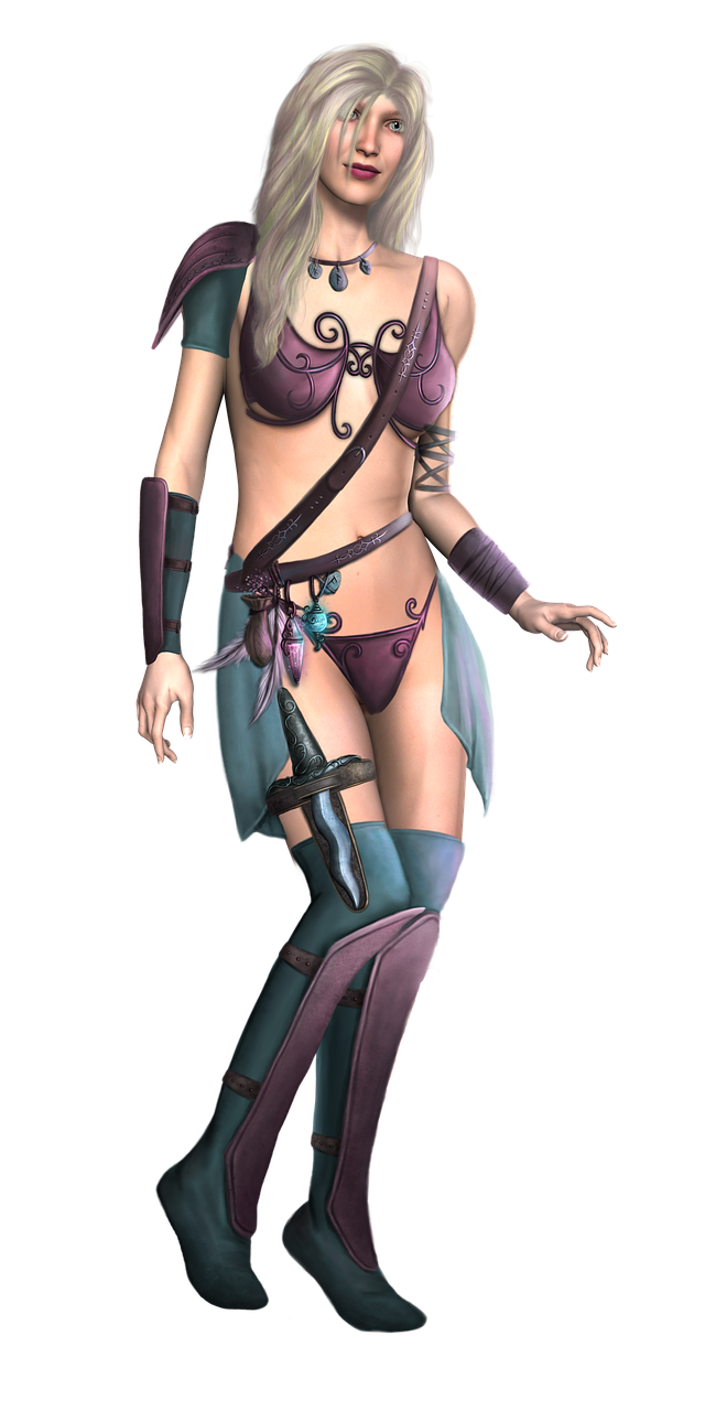 an illustration of a woman in a fantasy costume standing against a black background. she has fair skin and platinum blonde hair. she is wearing a purple and teal outfit consisting of a bralike top, small bottom, thighhigh boots, and armbands. a strap goes across her torso. there is a knife strapped to her thigh. she is wearing jewelry around her neck.