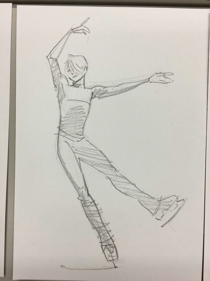 this is a pencil sketch of a figure skater in mid air. the skater is  wearing a longsleeved shirt and pants. they are in mid air with one leg extended to the side and the other leg bent.  their right arm is raised above their head and their left arm is extended out to the side.