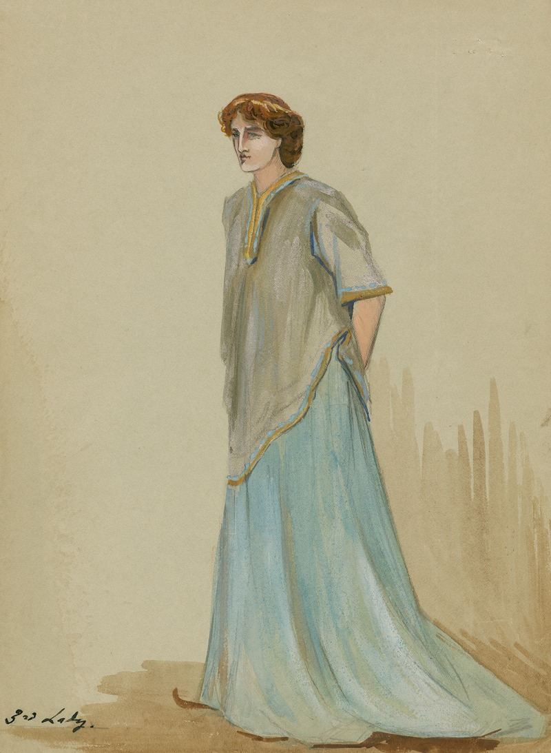 a painting shows a woman in a long blue dress with a grey top, trimmed with gold. she stands with her hands behind her back, looking to the left. the painting has a classical or theatrical costume design feel.