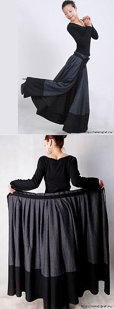 the image shows a woman wearing a longsleeved black top and a long, flowing skirt that is primarily gray with black accents at the bottom. the skirt appears to be pleated at the top and has a wide, sweeping silhouette. the top image shows the woman in a pose, with one foot extended and the skirt flowing. the bottom image shows the woman from the back, holding the skirt open to display its fullness.