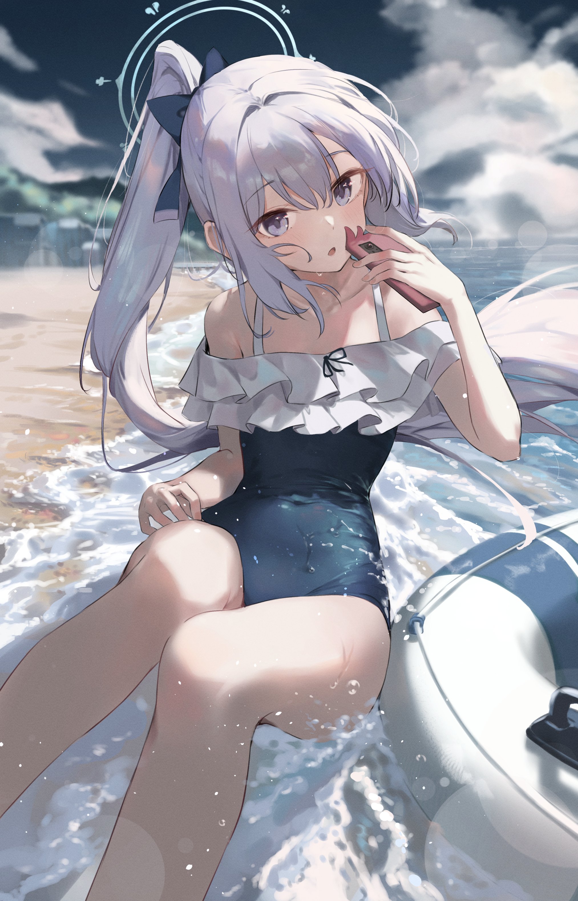 he image is a digital painting of an anime girl with long, white hair tied in a high ponytail. she is wearing a blue ruffled swimsuit and is sitting in the shallow water of a beach, partially submerged in waves.  she appears to be enjoying a popsicle or similar frozen treat. an inflatable boat is visible in the background. the overall style is soft and dreamy, with a focus on soft lighting and realistic water effects. the girl's expression is pleasant and relaxed, suggesting a calm and enjoyable summer day. the artwork is highly detailed and shows considerable artistic skill.
