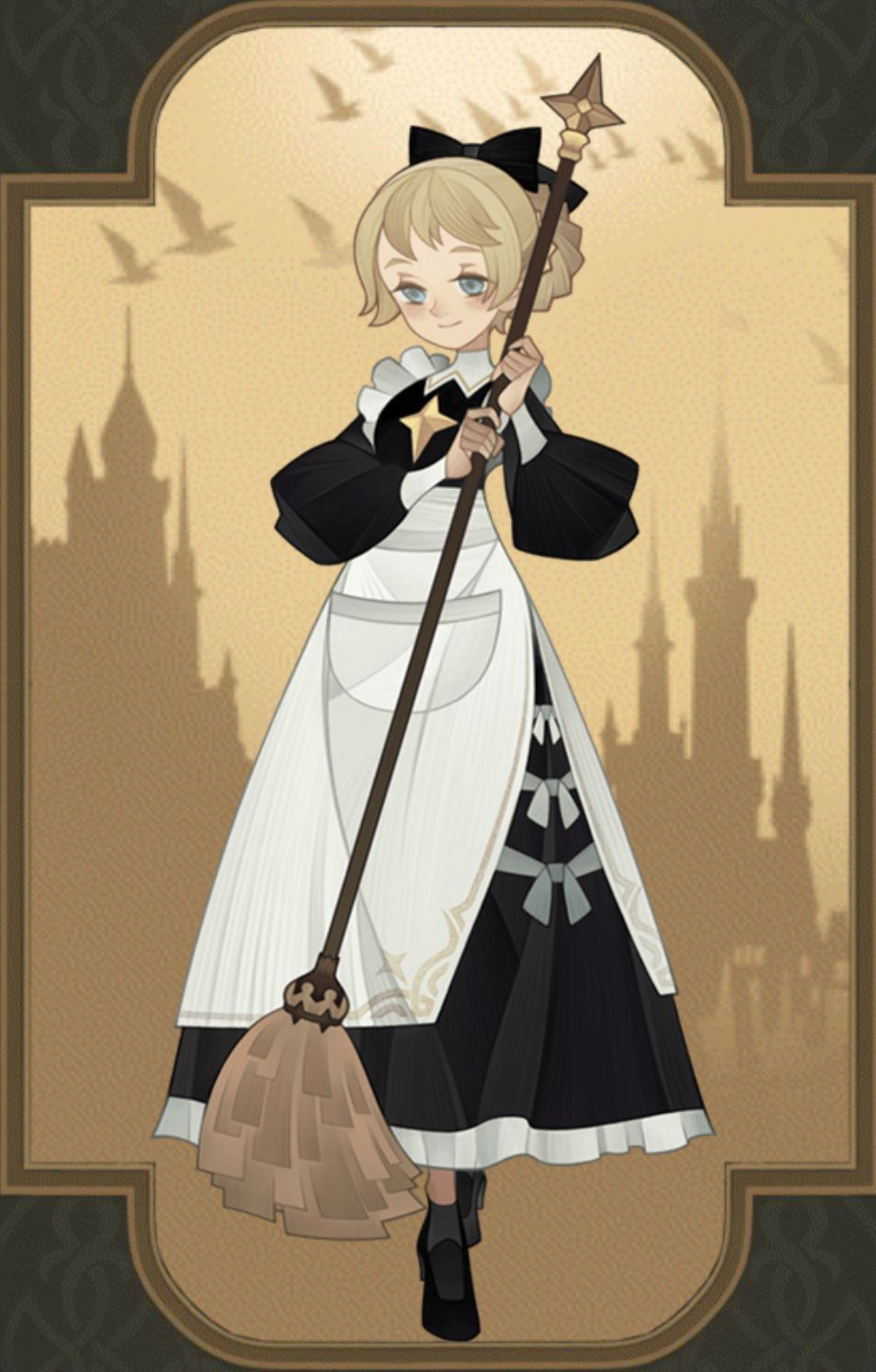 the image is a portrait of an animestyle maid standing against a backdrop of a castle. she is holding a broom and has a contented expression on her face.  she wears a black and white maid's uniform with a white apron and a black bow in her hair. birds can be seen flying in the distance. the image is welllit, and the colors are soft and muted.