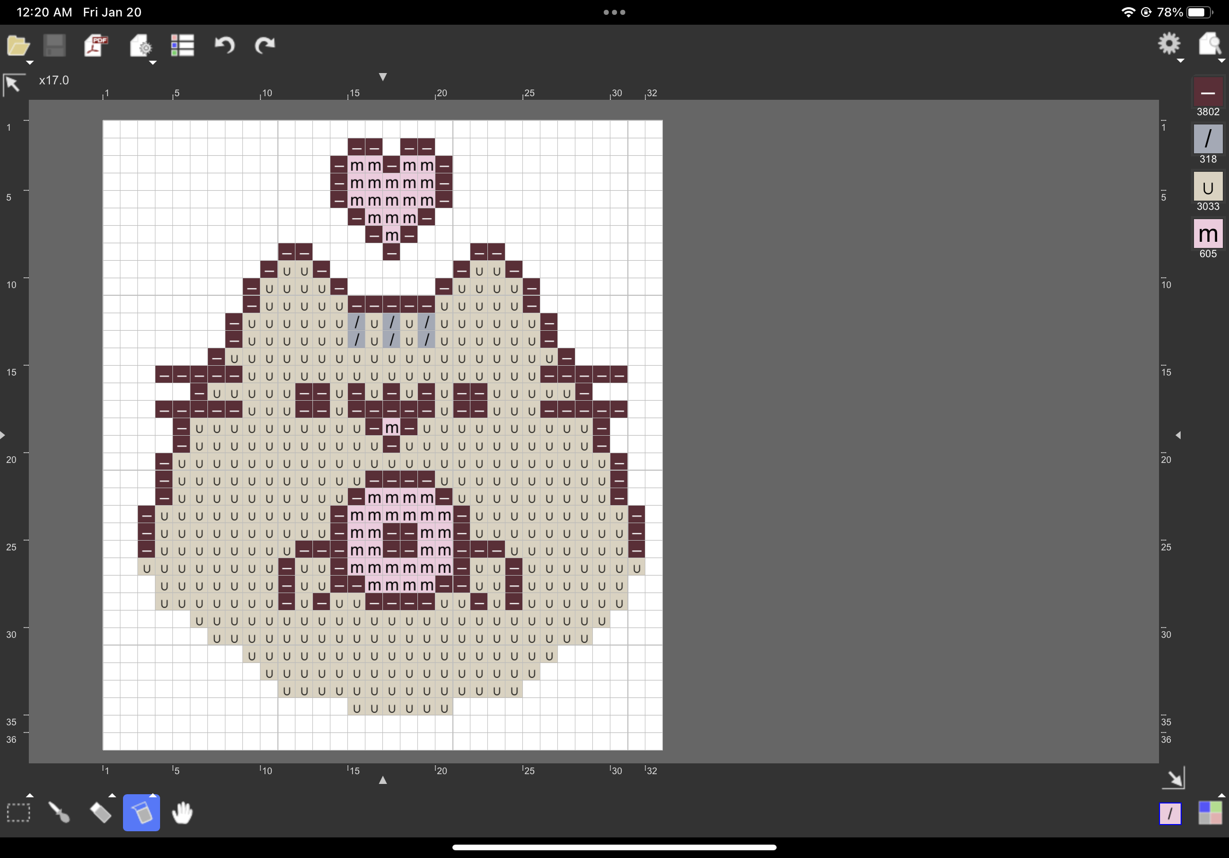 this is an image of pixel art of a cat. the cat is beige with a heart on top of its head and one over its eye. it appears to be a crossstitch pattern.