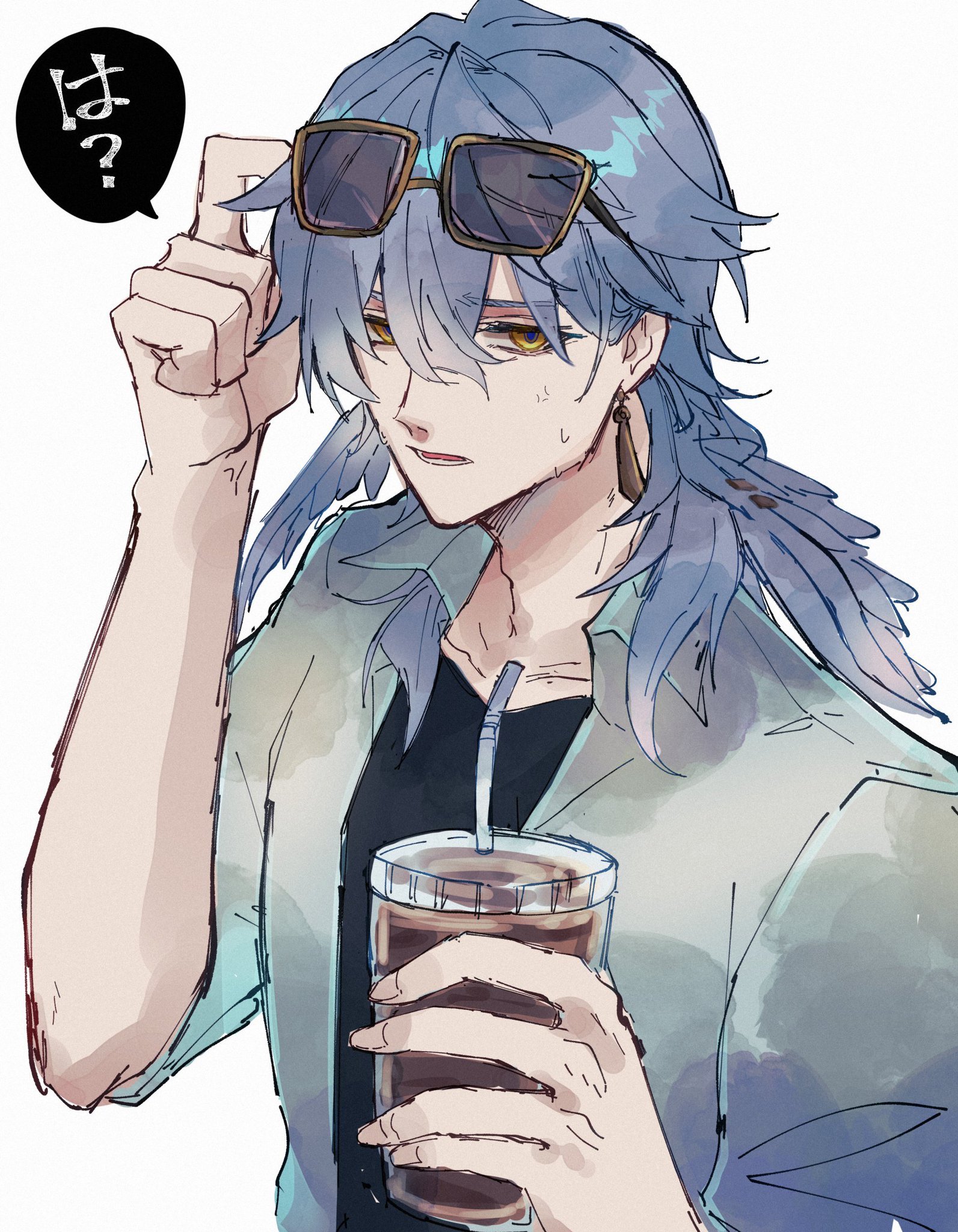 an anime drawing of a handsome man with blue hair. he's wearing sunglasses and a light blue shirt, and he's holding a glass of ice coffee. the man has a slight frown on his face and appears to be sweating. there is a speech bubble above him that says "huh?".  he is drawn in a soft, watercolor style.