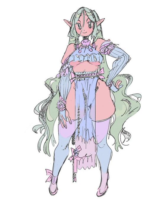 the image is a colorful sketch of a female elf with long green hair. she's wearing a flowing pastelcolored dress with detached sleeves and thighhigh socks. the drawing style is loose and expressive.