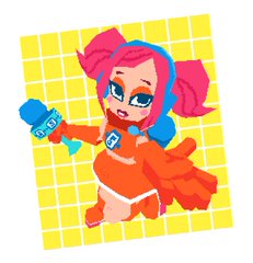 the image depicts a stylized, cartoonlike female character set against a bright yellow grid background. she's wearing a vibrant orange and blue outfit with large, feathery wings. her pink hair is styled in two large buns, and she's holding a blue and white microphone. the overall aesthetic is playful and energetic, reminiscent of pop art and video game character design.