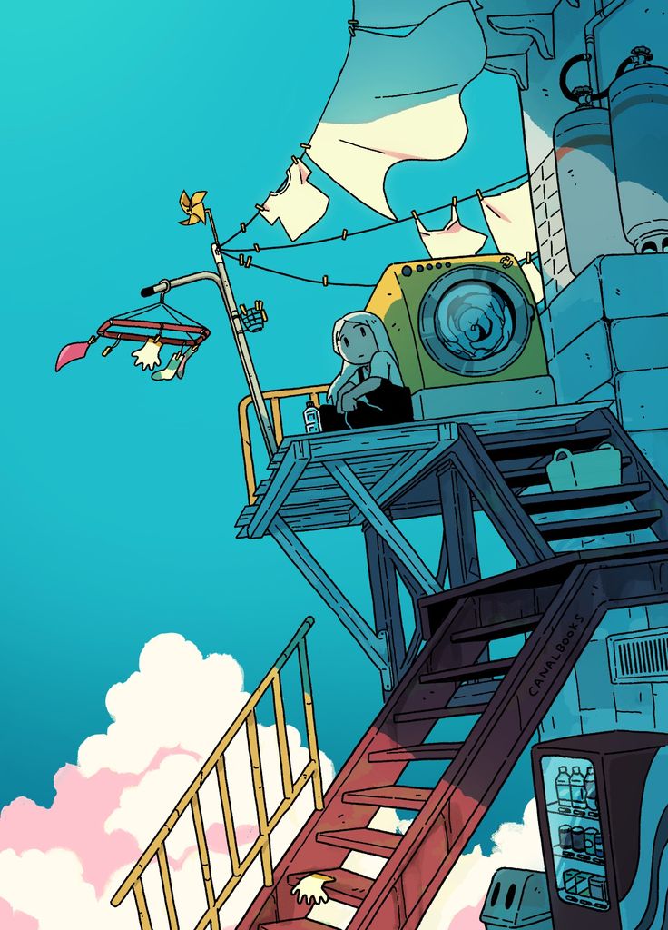 a young girl sits on a ramshackle rooftop structure, her back to the viewer.  clothes dry on a line above a yellow washing machine. the scene is bathed in the warm light of a sunny day with fluffy clouds dotting a bright blue sky.  the perspective is from below, emphasizing the height of the rooftop and the vastness of the sky.