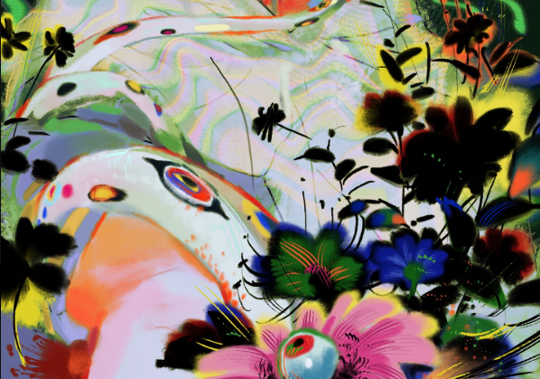 an abstract digital painting with surrealist elements. the composition is filled with organic shapes and vibrant colors, including white, green, pink, blue, and orange. black flowers and accents contrast with the softer hues. a central element is a flower with an eye in its center. the artwork has a whimsical, dreamlike quality, reminiscent of fantasy art. the overall impression is one of vibrancy and surreal beauty.