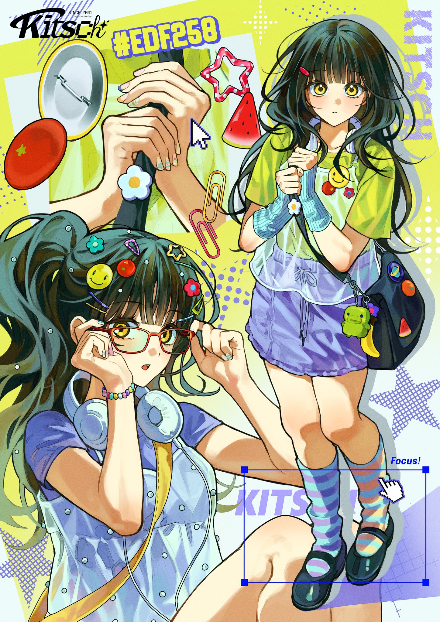 the image is a vibrant, colorful illustration featuring two anime girls.  the style is playful and trendy, with a focus on bright colors and cute accessories. one girl has long dark hair, a short, light purple skirt, and striped socks and shoes.  she carries a small, dark handbag. the other girl has a shorter, darker hairstyle with colorful hair clips, glasses and is wearing a light blue translucent top. both girls are styled in a cute, modern fashion. the background features various colorful elements, including a star, a watermelon, and the hashtag #edf258. the overall aesthetic is described as "kitschy".  the illustration is highly stylized with a focus on detail and a sense of fun.