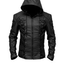 a closeup view of a men's black leather jacket with a hooded design. the jacket has a zipper closure and long sleeves. it is designed with a slim fit and has a casual and stylish look. the jacket appears to be made of highquality leather and features intricate details. it is a trendy and fashionable piece of outerwear perfect for various occasions.
