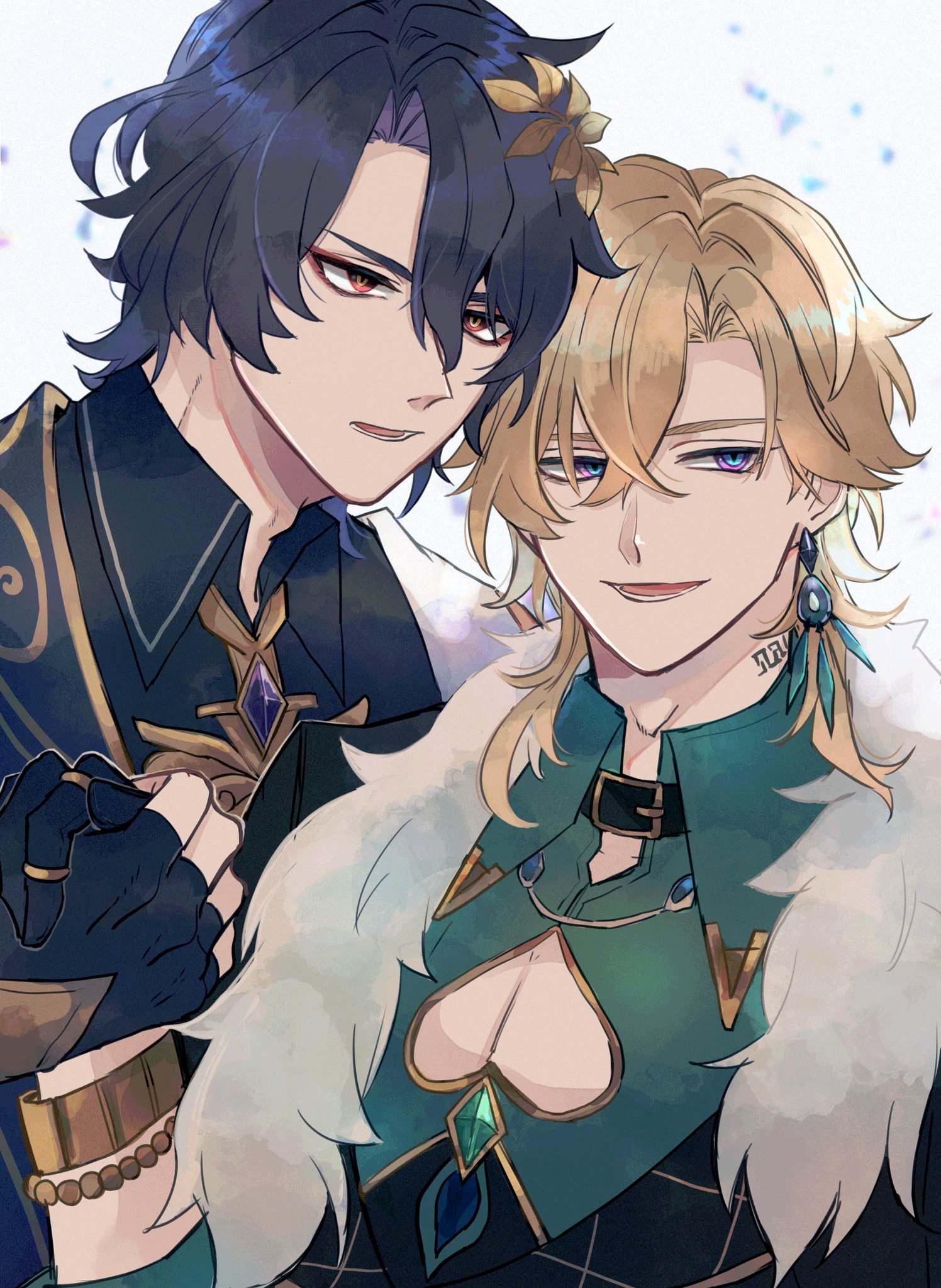 the image features two anime boys, xiao and albedo, standing close together. xiao has black hair and blue eyes, and is wearing a dark suit with a gold necklace and a bracelet. albedo has blonde hair and purple eyes, and is wearing a green shirt with a white fur collar and a gold necklace. they both appear to be friends and are looking at each other with smiles on their faces.