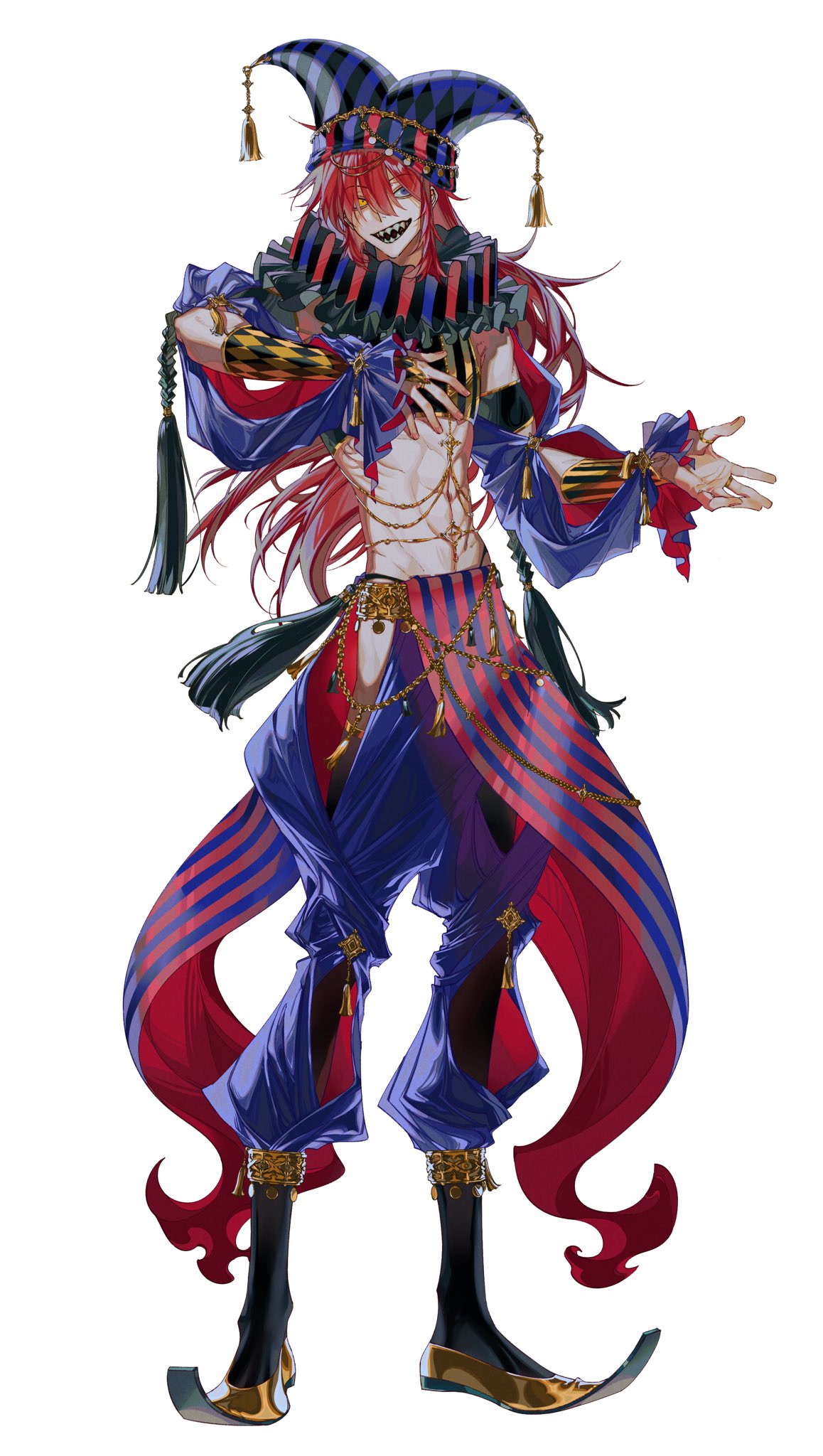 the image is a detailed illustration of an animestyle male character dressed as a jester or harlequin.  he has long, flowing red hair, pale skin, and a sinister smile. his costume is elaborate, featuring a blue and red striped outfit, a pointed jester's hat with gold tassels, and numerous gold chains and jewelry.  the overall style is flamboyant and theatrical, with rich colors and intricate details in the costume. the character's pose is expressive and slightly mischievous. the background is white, focusing attention entirely on the character. the art style suggests a fantasy setting or a theatrical production.