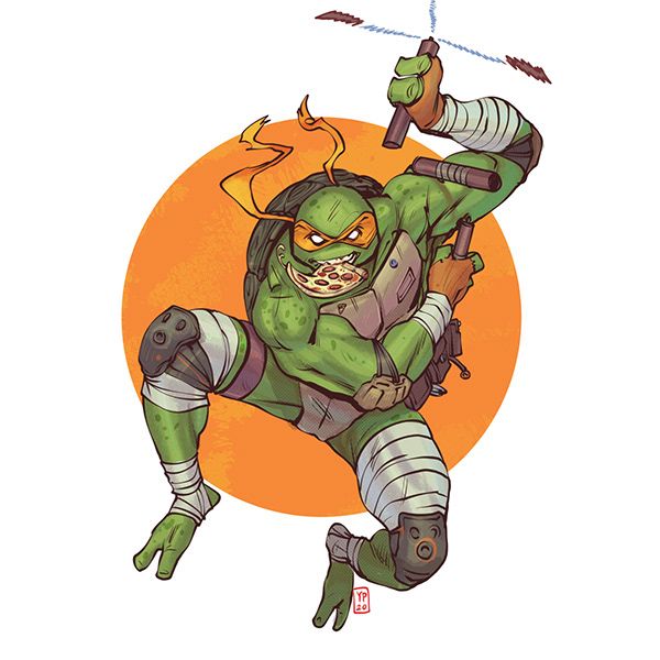 an illustration of a teenage mutant ninja turtle, donatello, who is wearing his signature purple bandana, standing in a fighting stance. he is holding two sai and he is looking over his shoulder. he is wearing a green suit and a yellow mask. he is holding a piece of pizza in his mouth. he is in front of an orange circle.