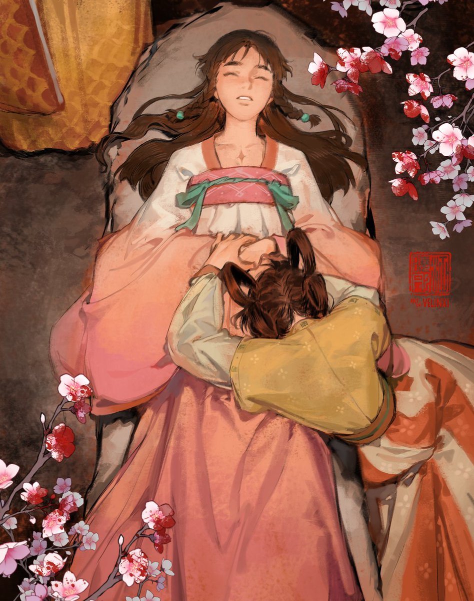 a stylized digital illustration depicts a serene scene. a woman in traditional hanfu attire is lying down with her eyes closed, seemingly asleep. another figure, also in traditional clothing, is embracing her, resting their head on her. cherry blossoms adorn the scene, adding to the tranquil atmosphere. the overall style is reminiscent of a fantasy illustration, with soft colors and delicate details.