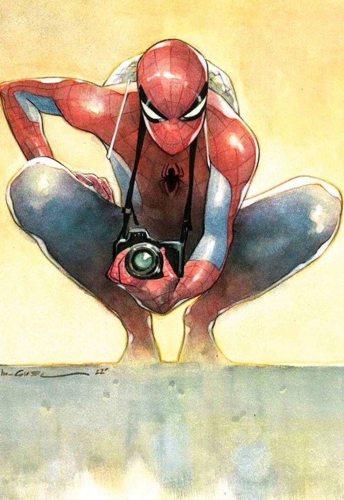 a watercolor drawing of spiderman crouching with a camera. he is wearing his red and blue suit, and his mask is on. the background is a yellow orange color. the drawing is done in a very stylized way.