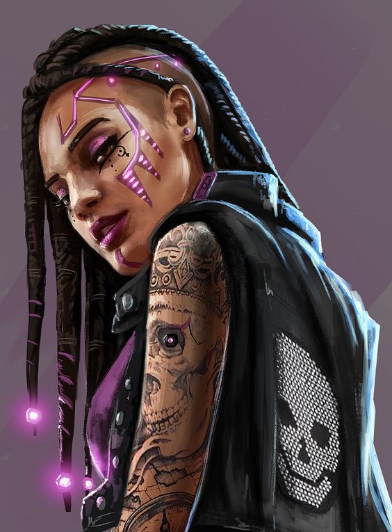 the image is a digital painting of a woman with a cyberpunk aesthetic. she has dark skin, long black braids adorned with glowing purple beads, and a partially shaved head with intricate glowing tattoos.  her makeup is bold with dark lipstick and eyeliner, further accentuated by facial piercings.  she wears a black leather vest with a rhinestone skull embellishment over a purple top. her arm is adorned with detailed tattoos, including a skull, clock gears, and floral designs. the background is a simple gradient of muted purple tones, keeping the focus on the subject.