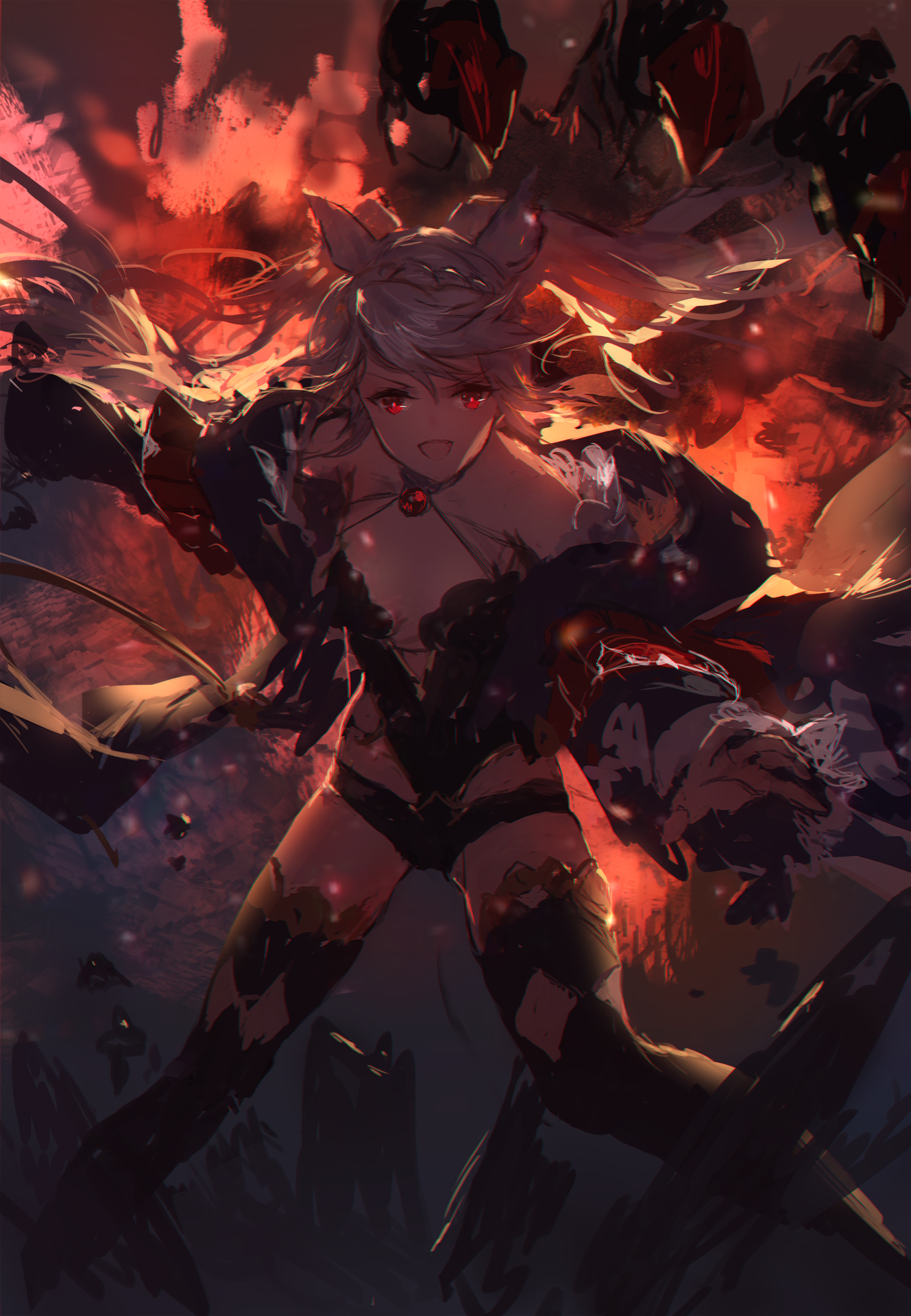 the image is a dynamic digital painting of an animestyle female character. she has white hair styled with cat ears and is wearing a dark, revealing outfit.  she's surrounded by intense red flames and shadowy, winged figures, suggesting a powerful, possibly magical, confrontation. the style is painterly and somewhat abstract, with visible brushstrokes, giving a sense of movement and energy. her expression is determined and fierce, enhancing the dramatic atmosphere of the piece. the overall mood is dark, mysterious, and actionpacked.