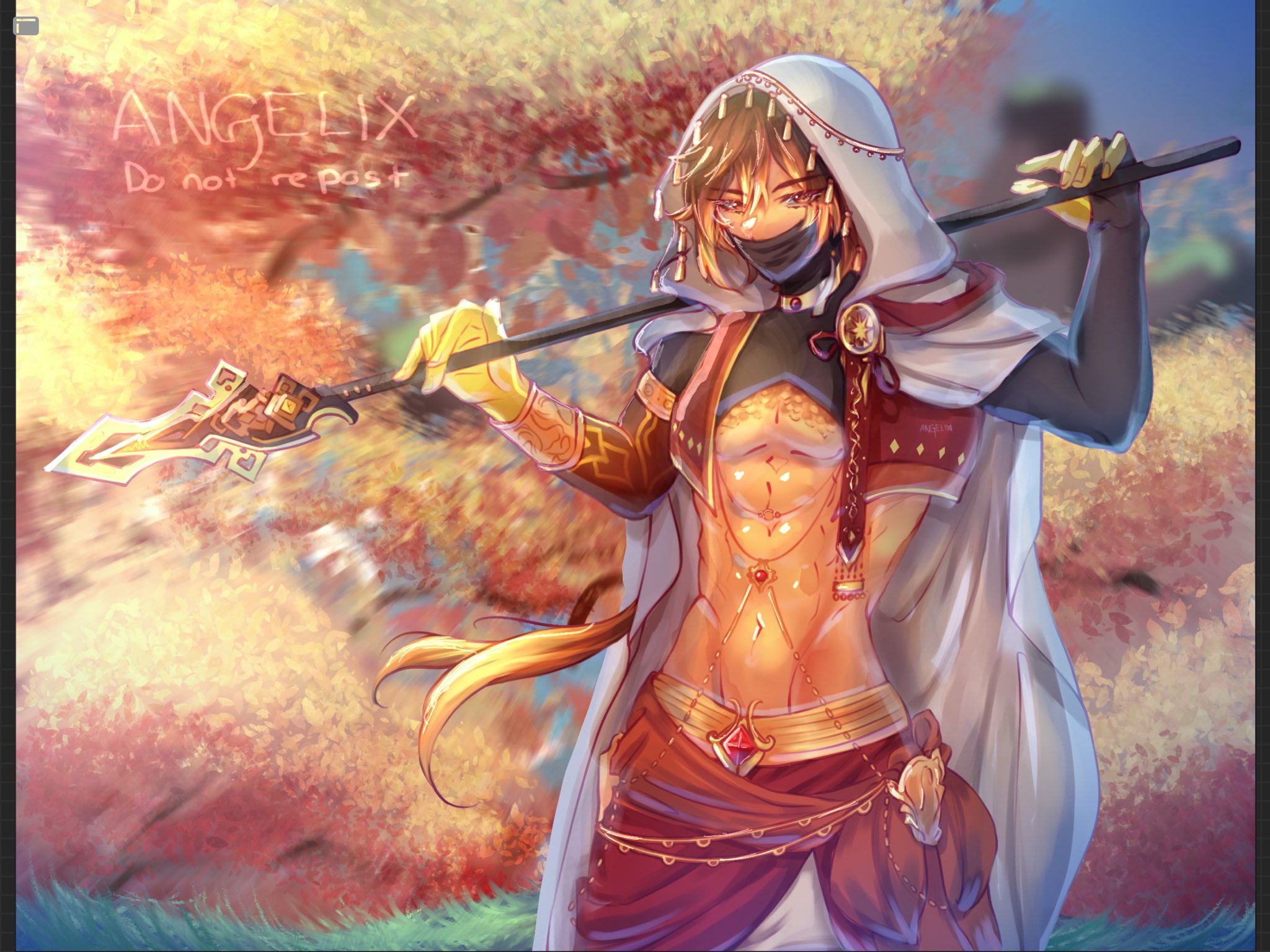 this is a digital artwork illustration depicting an anime male character. he is standing in front of a blurry orange and yellow background, likely a forest. he is wearing a white robe with a gold trim, and a red and gold belt with a golden chain. he is holding a spear with a golden tip and has a determined expression on his face. the character is clearly a warrior.  the style is a blend of anime and fantasy, and the image is detailed and richly colored.
