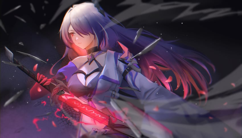 an animestyle illustration features a young woman with long, flowing blue hair. she stands in a dynamic pose, wielding a glowing red sword.  her attire is a blend of white and dark blue, suggestive of a fantasy warrior. the background is dark, enhancing the dramatic lighting that emphasizes the character and her weapon. falling petals and fragmented shards contribute to a sense of action and motion.