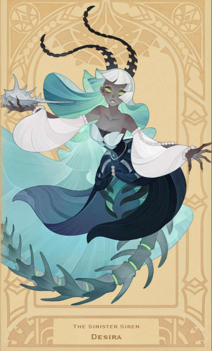 the illustration showcases a captivating female siren named desira, known as "the sinister siren." she commands attention with her striking features  deep brown skin, piercing green eyes, and long, flowing teal hair. two prominent black horns gracefully curve from her forehead, adding to her ethereal allure.desira's attire is a masterpiece of marine elegance. a long, flowing white dress, adorned with delicate pearl embellishments, drapes her form. the dress seamlessly transitions into a mesmerizing display of teal and deep blue hues, mimicking the depths of the ocean she calls home. the skirt of her dress artfully reveals a segmented, almost skeletal, fishtail in shades of turquoise and green.  she holds a spiky seashell in her left hand, adding to her aura of power.framing desira is an elaborate, goldtoned border, reminiscent of antique playing cards or storybook illustrations. this ornate frame further enhances the air of mystery and allure surrounding her.