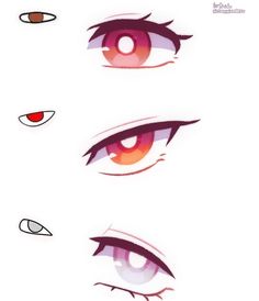 the image shows three different variations of anime girl eyes in various expressions. each variation includes the eye in three stages of completion: a rough sketch of the eye shape, a more detailed drawing with added iris and pupil, and a finished colored and shaded eye. the top variation depicts a surprised or intrigued expression, the middle shows a confident or seductive look, and the bottom portrays a calm or sleepy eye.
