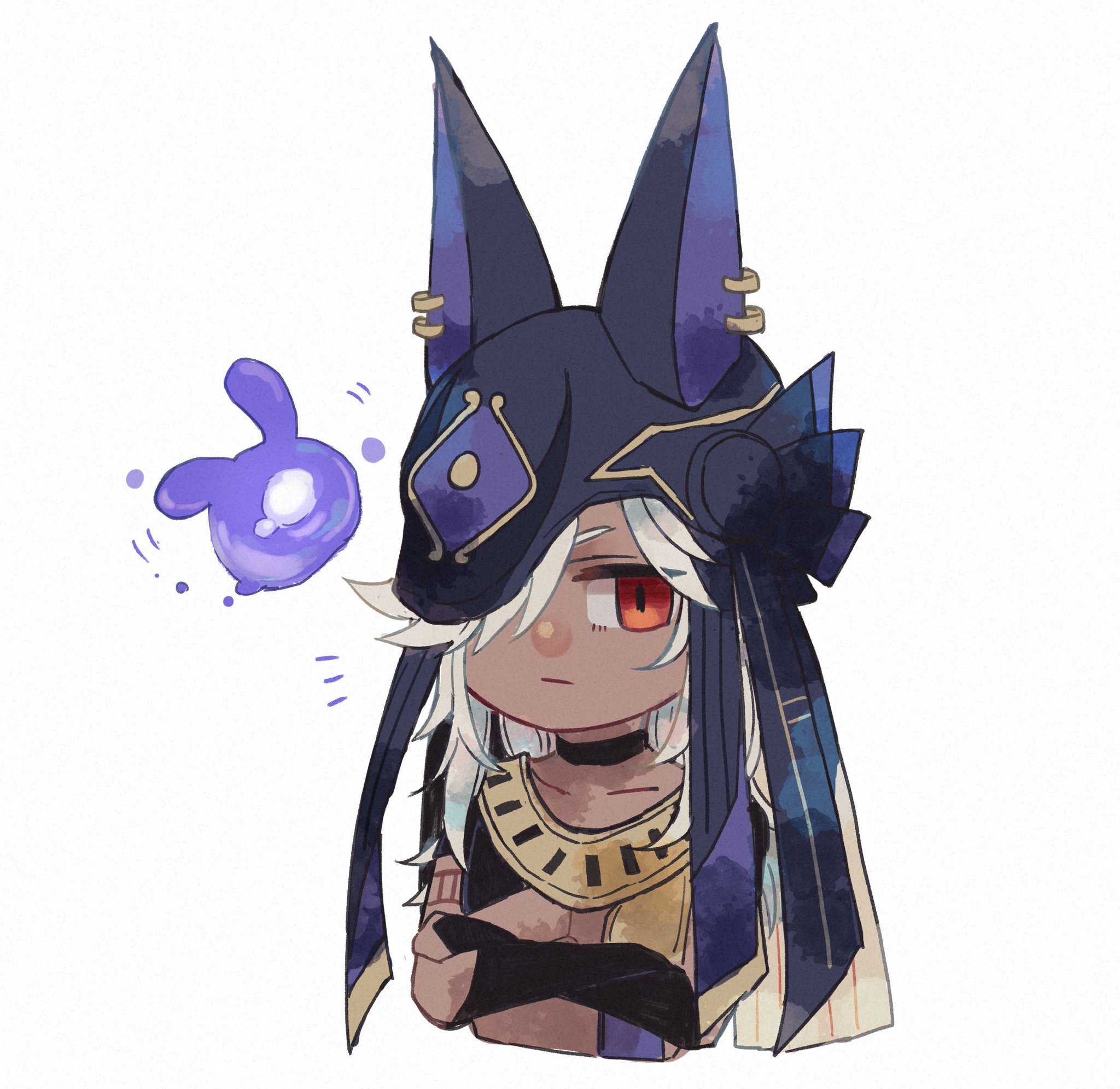 the image is a digital illustration of a chibi anime character. they have a dark skin tone, long white hair, and a purple headdress with blue wings. the character has their arms crossed and their head is turned slightly to the left. their red eye has an angry expression.  a blue and purple aura or spell is hovering next to the character. the background is white.