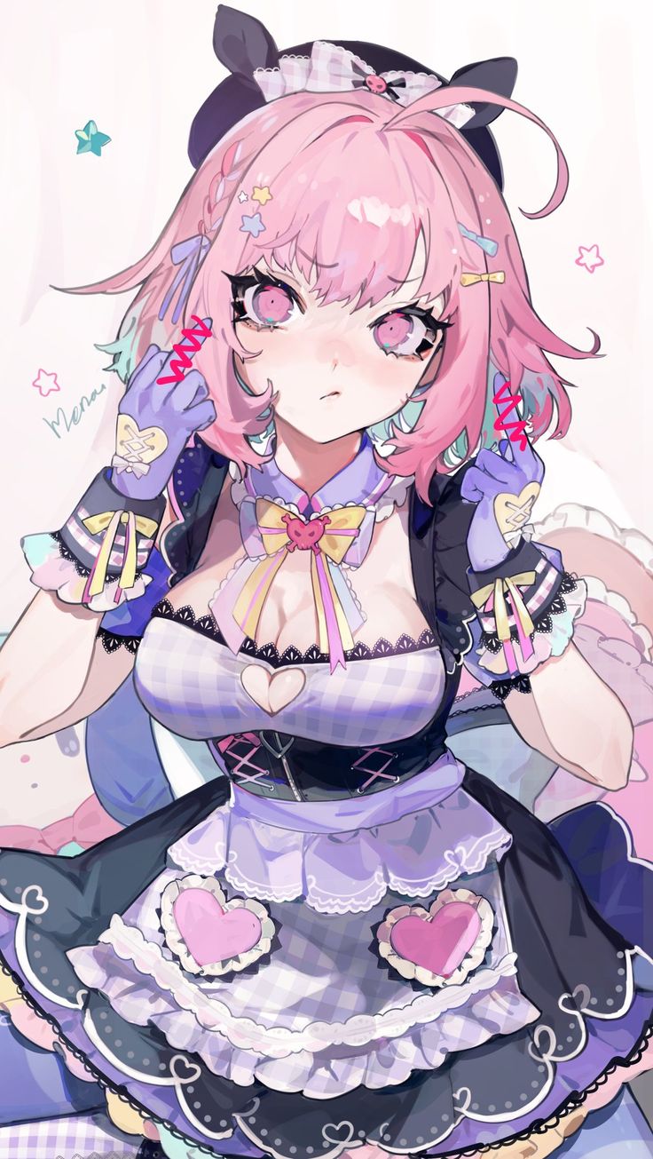 an anime girl with pink hair and blue gloves is wearing a maid outfit with heart accents. the outfit is adorned with bows, frills, and stars, giving it a pastel and cute aesthetic. she is looking directly at the viewer with a playful expression. the background is a blurred image of pink and blue colors.