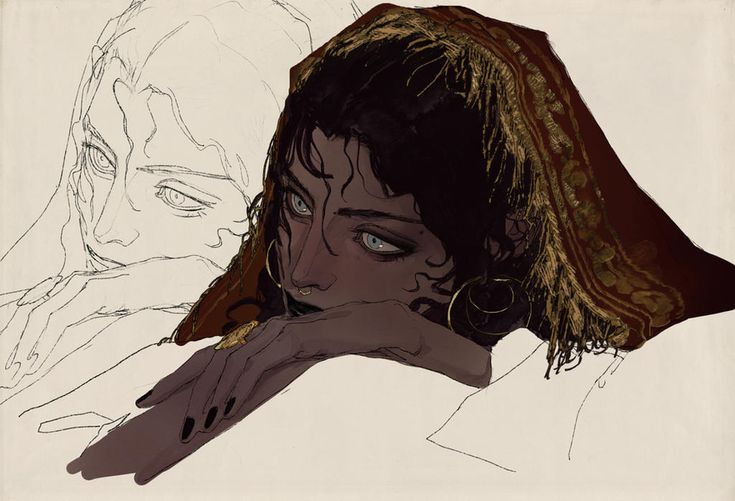 a digital art illustration of a woman in a red scarf, with black hair, dark eyes, and gold jewelry. her face is partially obscured by the scarf, but her expression is one of melancholy. the art style is anime/mangainspired.