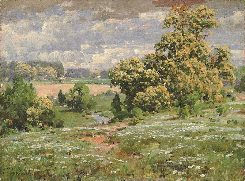 the painting depicts a landscape scene with trees, clouds, a sky, a meadow filled with wildflowers, a field in the distance, foliage, a stream, bushes, and small figures of people. the style is reminiscent of impressionism, with visible brushstrokes and a focus on capturing the light and atmosphere of the scene.