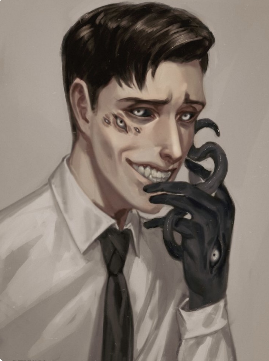 the portrait depicts a man with short, dark hair and unsettlingly wide, unnerving eyes. he wears a white collared shirt and a dark tie. the most striking feature is his smile, which is stretched wide and reveals rows of sharp teeth. his left eye is covered with stitchedup wounds, suggesting a past injury or a deliberate modification. a black, almost serpentine creature with an eye emerges from his left hand, which is covered by a matching black glove. the creature seems to be held between his fingers, its "head" curling near his smile. the background is a muted beigegray, further emphasizing the unsettling nature of the subject.