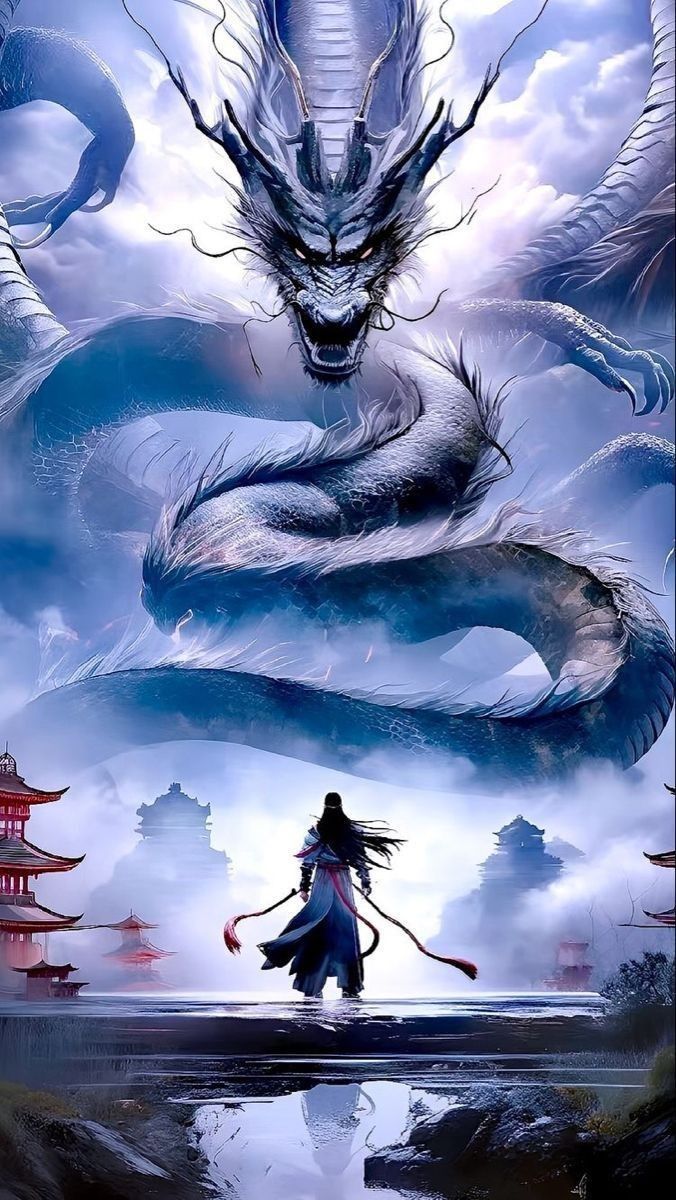 a blue and white dragon soars in the sky, its form filling the frame.  it hovers over a large,  misty expanse of water with  a small,  ancient  japanese temple nestled within. a warrior, with long black hair and a sword,  stands on the water, facing the powerful dragon.