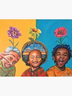 the image shows a portrait of three young black boys with joyful expressions.  the background is split diagonally with yellow on the left side and blue on the right.  each boy has a flower growing from their head. the boy on the left has a purple flower and his hand is reaching up to his face.  the middle boy has a yellow flower and a straw hat with a sunrise painted on it.  the boy on the right has a red flower and his mouth is wide open with his tongue out.