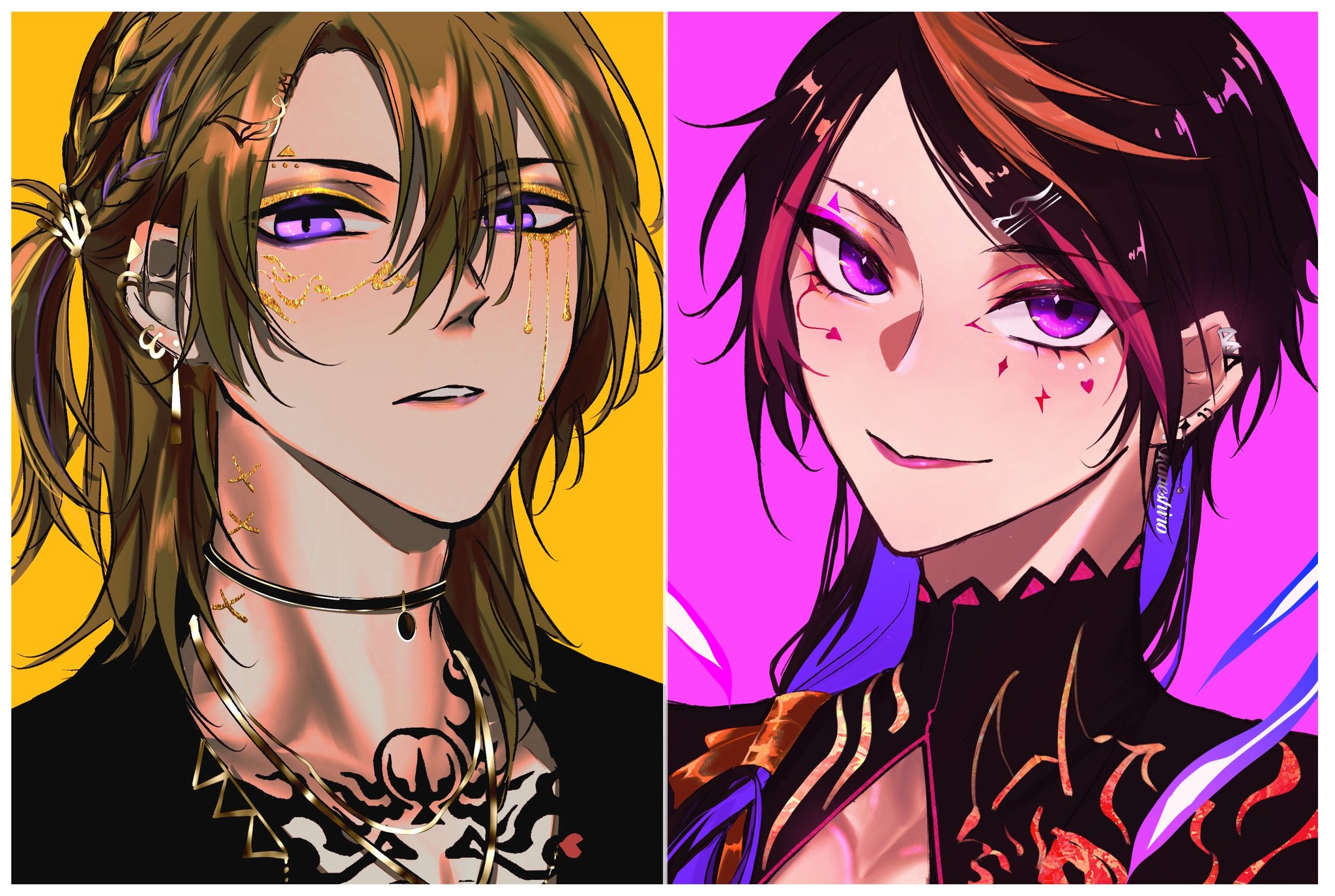 this is a digital artwork showing two anime characters, one male and one female, in closeup portraits. they are positioned side by side. the male character is on the left, with blonde hair and a gold chain necklace. he has purple eyes and a black choker. the female character is on the right, with black hair with a pink streak and purple eyes. she is wearing a black and gold outfit, and her makeup is glittery, with pink and purple highlights.  they appear to be stylish and fashionable.