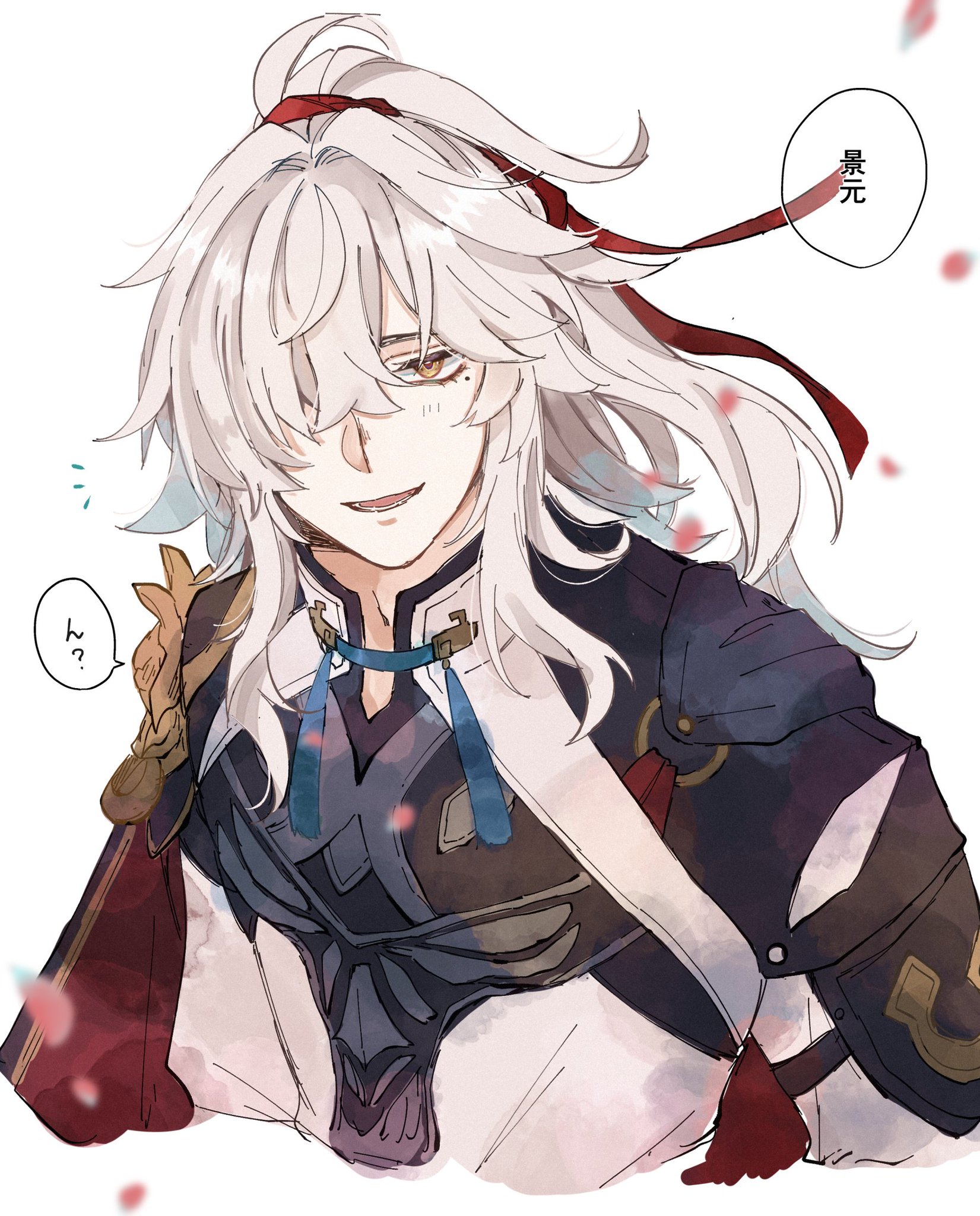 an anime style illustration of a smiling male character with long white hair wearing a blue and red outfit and a red ribbon. the character is smiling and looking towards the viewer. there are also flower petals scattered around the character.