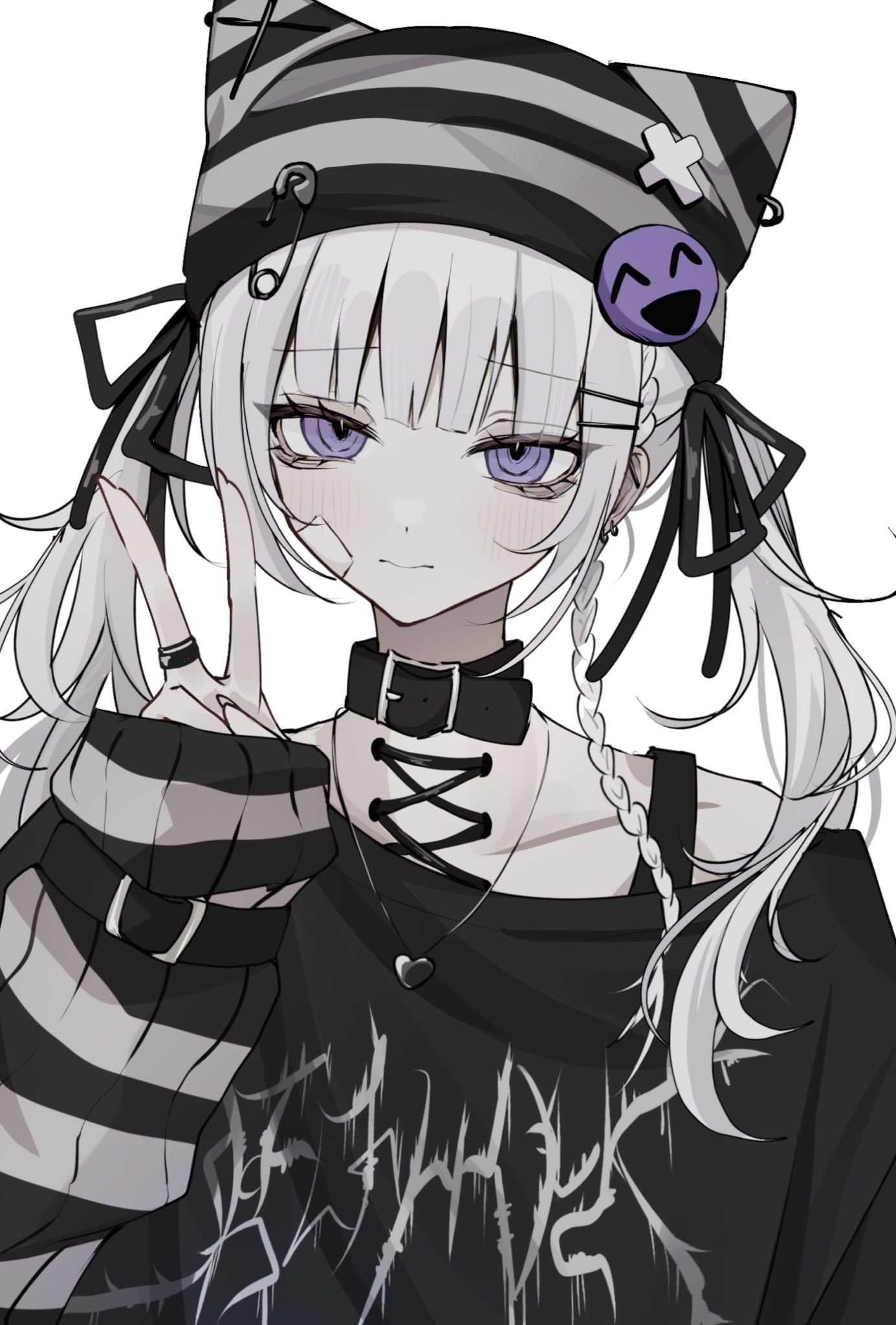 the image showcases a digital drawing of an anime girl with a distinctive edgy and gothic aesthetic. she has long white hair styled with two pigtails, accented by black ribbons and bandages. she sports a black and white striped beanie with cat ears, adorned with pins and a purple smiley face button. her outfit consists of a black shirt with a stylized graphic likely referencing a metal band and a black choker with buckle details. her black and white striped sleeves contribute to the overall punkinspired look. her pale skin features a few small bandages, adding to the slightly rebellious vibe. she makes a peace sign gesture, adding a playful touch to her edgy persona. the artwork utilizes a soft lighting scheme against a clean white background, focusing the viewer's attention solely on the character and her style.