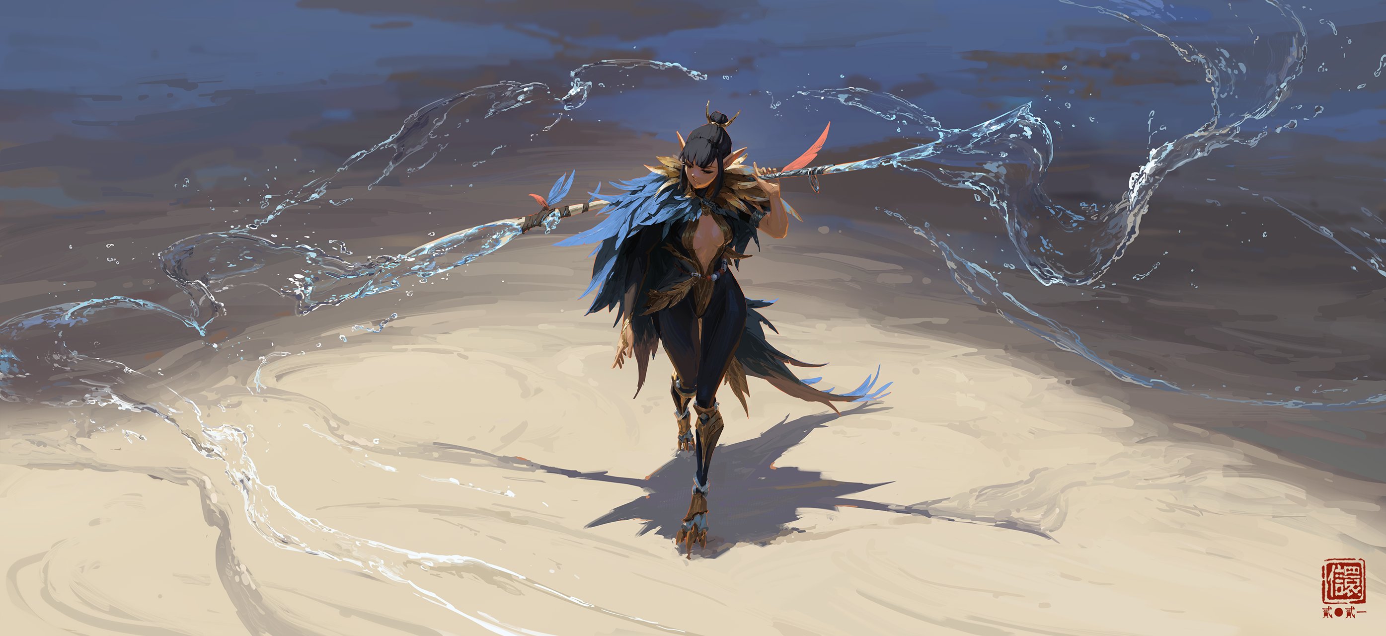 the artwork depicts a fantasy female elf warrior walking across a desert beach.  she is elegantly clad in dark blue and gold armor adorned with feathers, giving her a birdlike appearance. she carries a long spear from which water flows and twists, showcasing her mastery over water magic.  the scene is painted in a style that blends realism with stylized fantasy elements. the color palette consists primarily of blues, golds, and beige, contrasting the cool tones of the water and the warm sand. the overall effect is one of grace, power, and a sense of mystical adventure.  a stylized stamp is visible in the lower right corner.