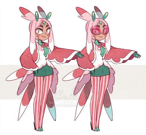 the image showcases two variations of a fanmade anthropomorphic pokemon design. the character is heavily inspired by the pokemon alcremie, featuring a similar color palette and overall design. the character has pink hair styled in a way reminiscent of alcremie's cream,  a red and white candystriped outfit, and pastel green accents.  one version is shown without glasses, and the other sports pink heartshaped glasses. the art style is cute and bubbly with pastel colors dominating. the character possesses what appear to be wings or decorative elements resembling those. the overall impression is of a sweet and whimsical design.