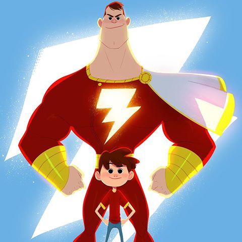 the image shows a cartoon rendition of shazam, a superhero, standing with a younger boy who appears to be billy batson, shazam's alter ego. shazam is depicted in his classic red suit with a lightning bolt emblem, a white cape, and yellow accents on his gauntlets. he is significantly larger than the boy, who is dressed in a red shirt and blue jeans. both are set against a light blue background with a stylized lightning bolt shape behind them.