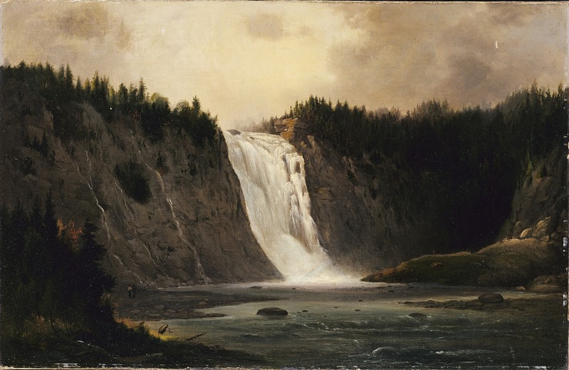 a landscape painting depicts a powerful waterfall cascading down a rocky cliff face. the waterfall is the focal point, with its white water contrasting against the dark rocks and surrounding greenery. the cliff face is covered in trees and vegetation, and the base of the waterfall forms a river that flows into the foreground. the sky is cloudy, with sunlight breaking through to illuminate the waterfall and surrounding landscape. the painting has a painterly style, with visible brushstrokes and a sense of movement.
