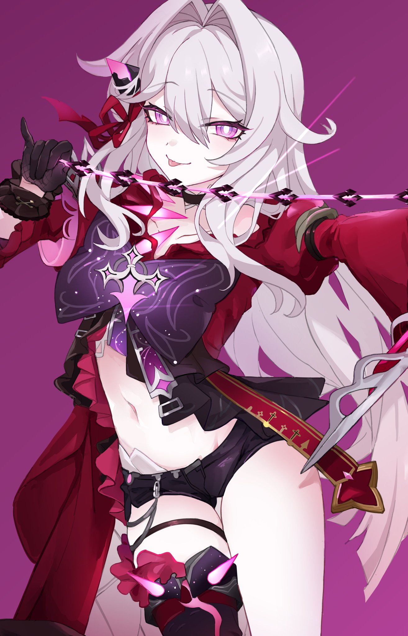 a digital drawing of an animestyle woman. she is wearing a red and black outfit, with white hair and pink eyes. she holds a weapon in her right hand, with a sly look on her face. she is also wearing a black choker with a red bow.
