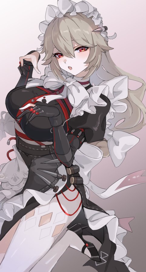 the illustration is of a woman wearing a maid outfit with black and white colors, a big white ribbon bow, and red accents. she has long white blonde hair,  black eyes, a red ribbon in her hair and her red eyes are focused and ready for action.  she is wearing gloves with redtipped fingers and a black and white dress with a white lace collar. the woman is holding a katana in her hand, and she is in a fighting pose with her leg extended.  the woman looks powerful and ready for battle.