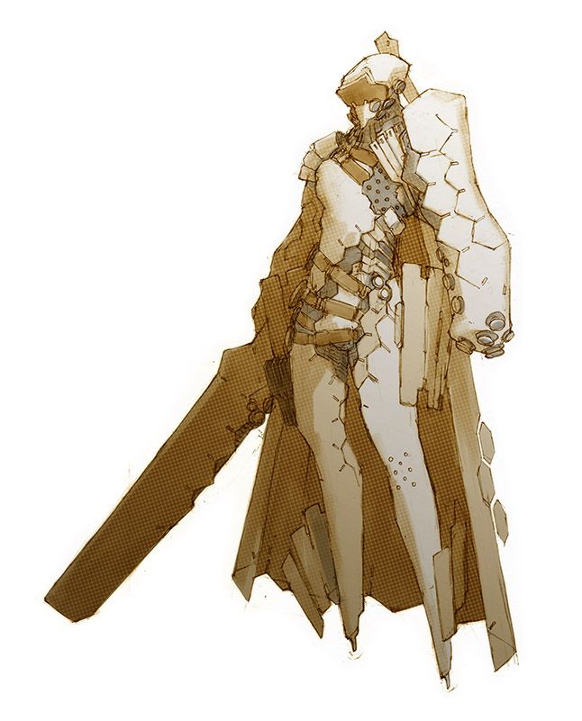this image depicts a humanoid robot or cyborg standing against a white background. it's clad in a futuristic armored suit and cape, holding a large weapon resembling a gun or cannon. the intricate detail in the art and the character's design suggests a scifi setting. the illustration likely comes from a graphic novel or video game concept.