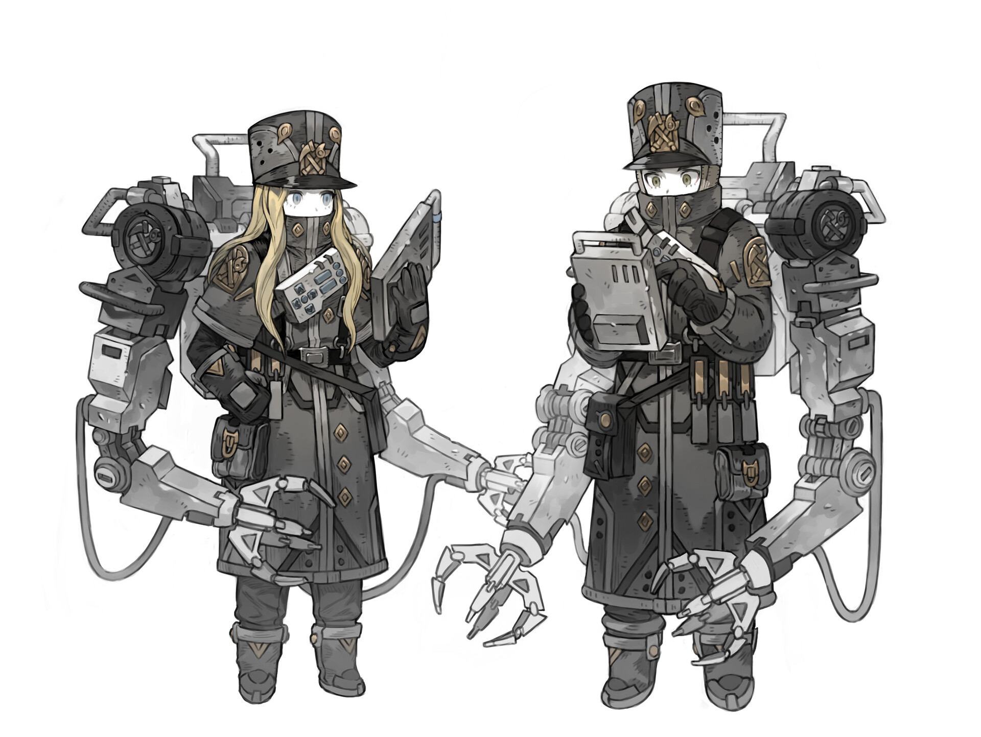 the image shows a concept art illustration of two characters wearing military uniforms and large backpacks with robotic arms attached. both characters wear caps and their faces are partially obscured, with one character wearing a mask. the image is in black and white with grayscale shading.