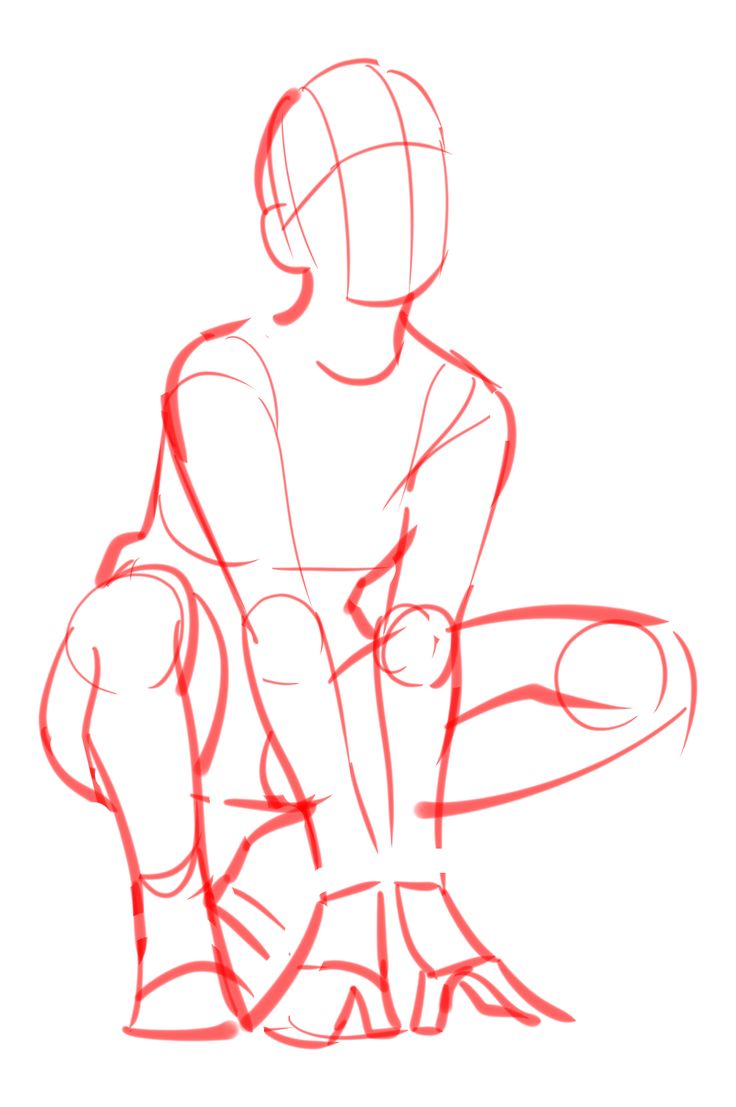 a red sketch of a person crouched down. only line work is shown, no color or shading. the person's head is turned to the right. this sketch looks like it could be used as a reference for character design or for studying anatomy.