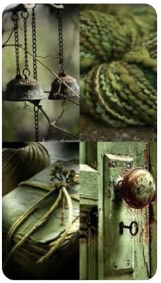 this is an image that features a rustic collage of wood and metal. the image is divided into four sections with different focuses. the top left section features a pair of ornate metal bells hanging from chains and the background is a dark green leafy forest. the top right corner of the image features an intricately woven green and white fabric. the bottom left portion of the collage shows an old, knotted rope on an aged, textured surface. the bottom right corner highlights a worn wooden door with a unique and ornate door handle. the image features a variety of interesting textures and colors.