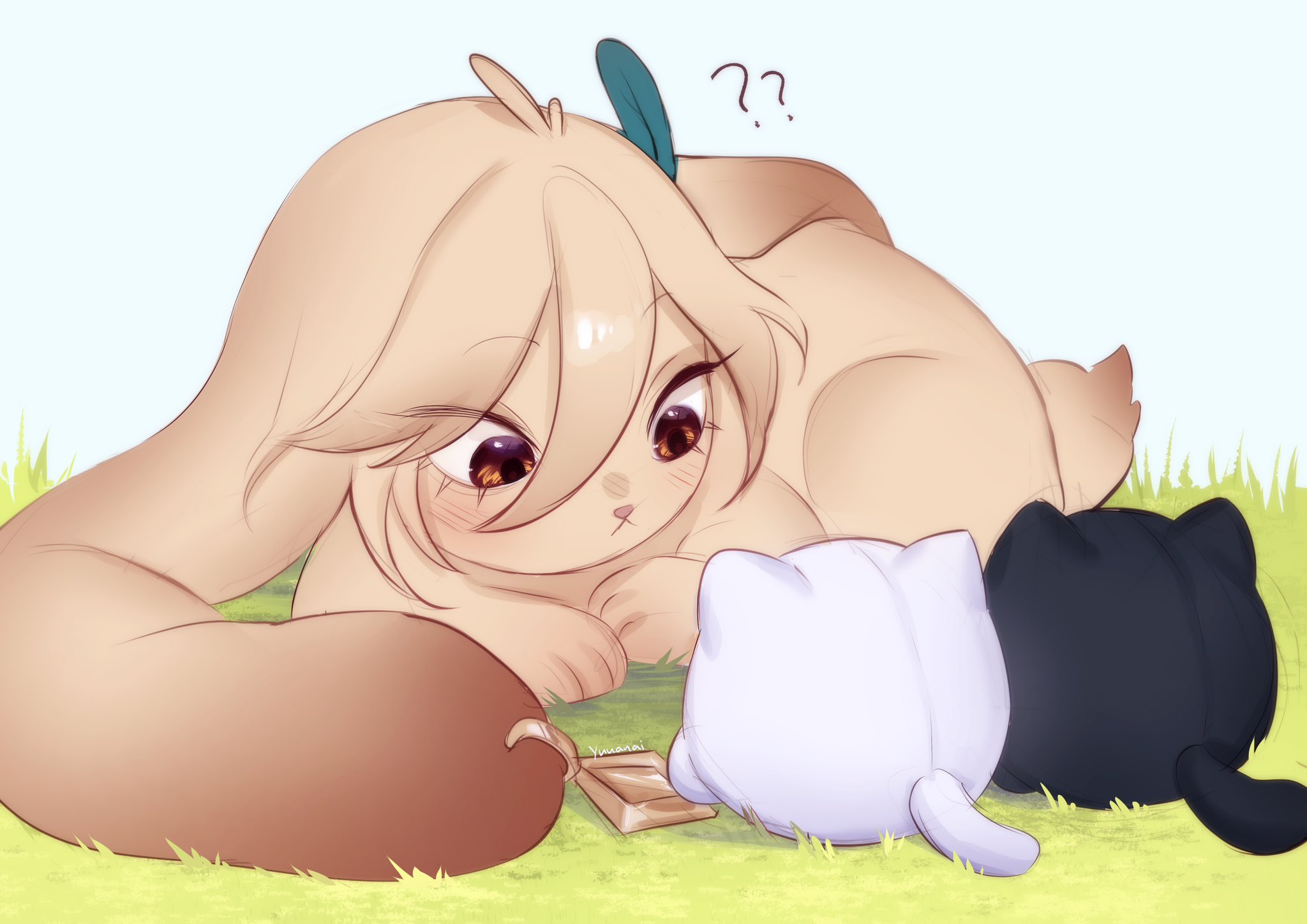 an adorable bunny is laying on the grass with a white cat and a black cat, looking at a small brown object behind them. the bunny is surprised and has a question mark above her head. the scene is illustrated in a soft, pastel color palette. the bunny is white with brown fur and has pink cheeks. the white cat is fluffy and white. the black cat has black fur. the small brown object is behind the bunny. the green grass in the background suggests the scene takes place outdoors. the illustration is simple and heartwarming.  the scene is perfect for a children's story or a cartoon.