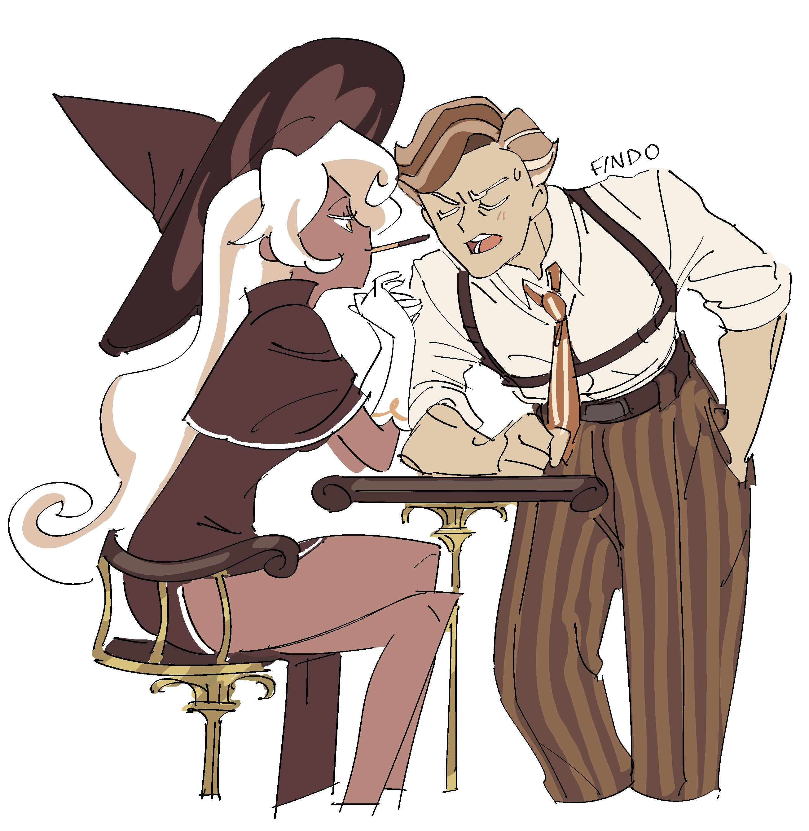 a witch wearing a large hat and a gangster wearing pinstriped pants are leaning against a bar and talking. the witch is smoking a cigarette.