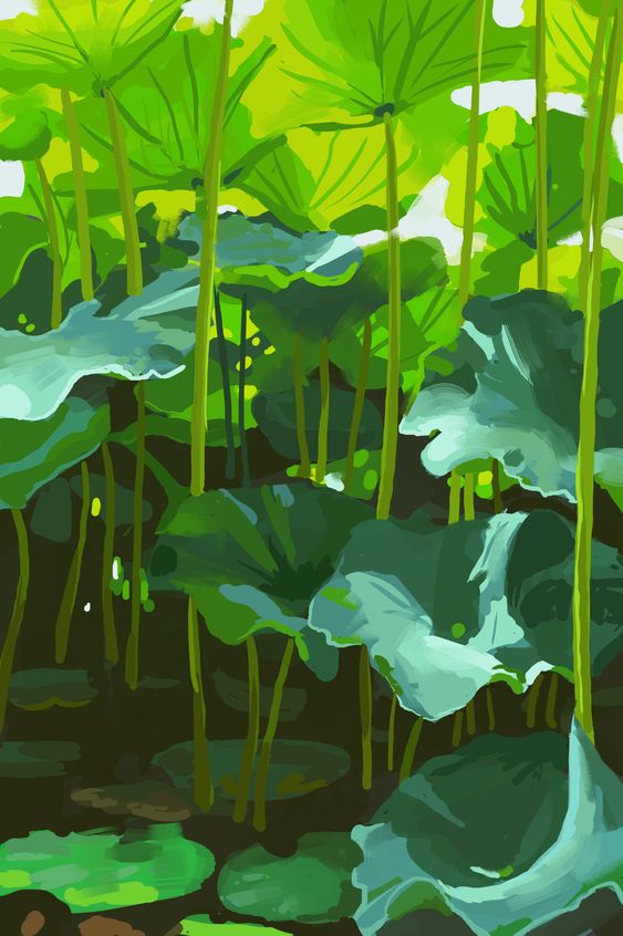 the image is a painting of a dense cluster of lotus leaves, predominantly in shades of green. the leaves vary in size and are depicted from an eyelevel perspective. the focus is on the leaves themselves, with only glimpses of water and the pond's edge visible. the overall impression is one of lush greenery and natural beauty.