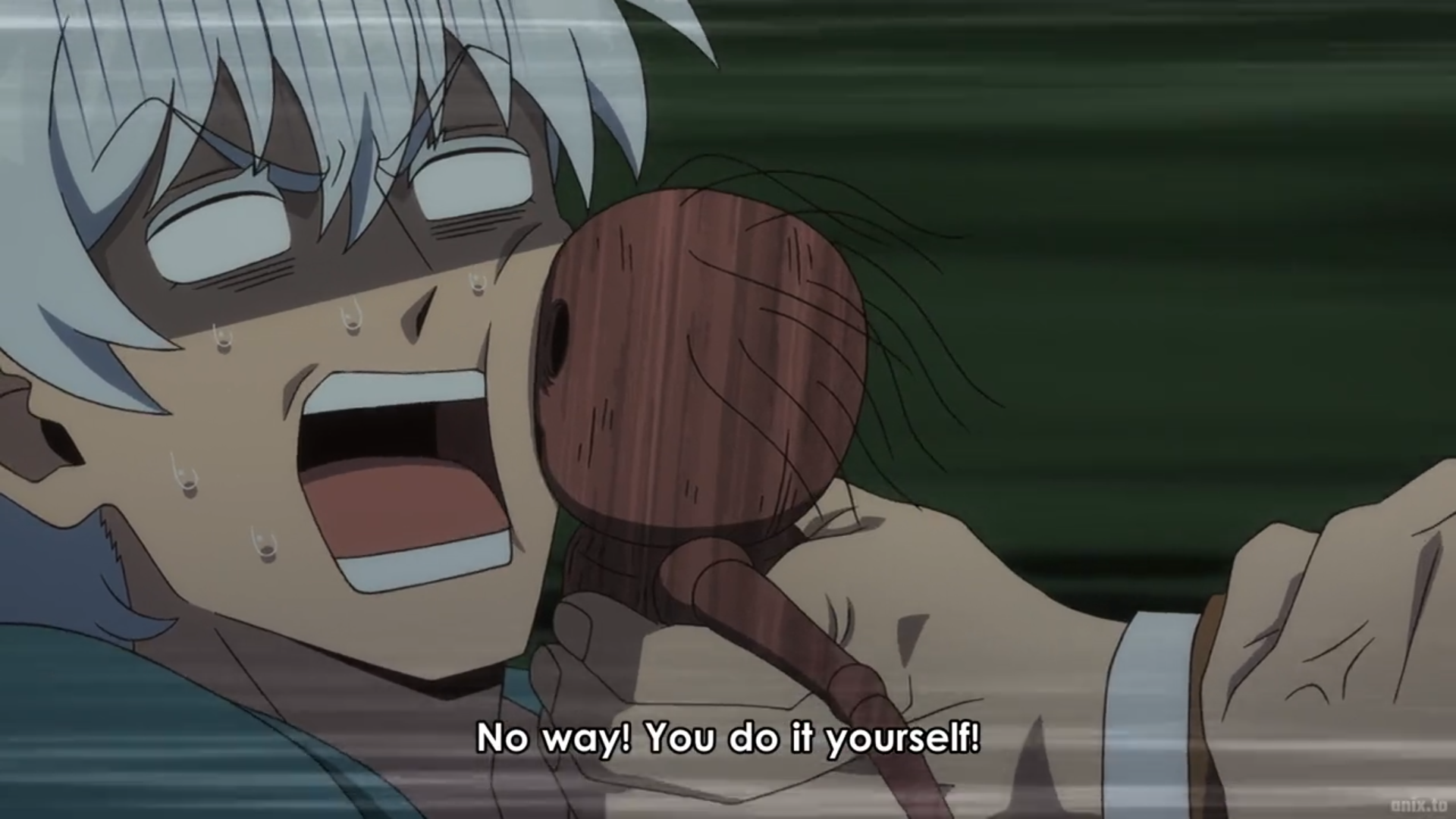 a screenshot from an anime. a man with short, spiky white hair is shown in a state of intense fear and panic. he has pale skin and his eyes are wide with terror. his mouth is open in a wide scream, and sweat can be seen dripping down his face. he is wearing a teal shirt. a hand is holding a small, creepy wooden doll up to his face, as if trying to force him to bite it. the background is a blur of motion, suggesting that the scene is taking place during a struggle. the man’s line of dialogue, "no way! you do it yourself!", implies that he is being forced to do something against his will.