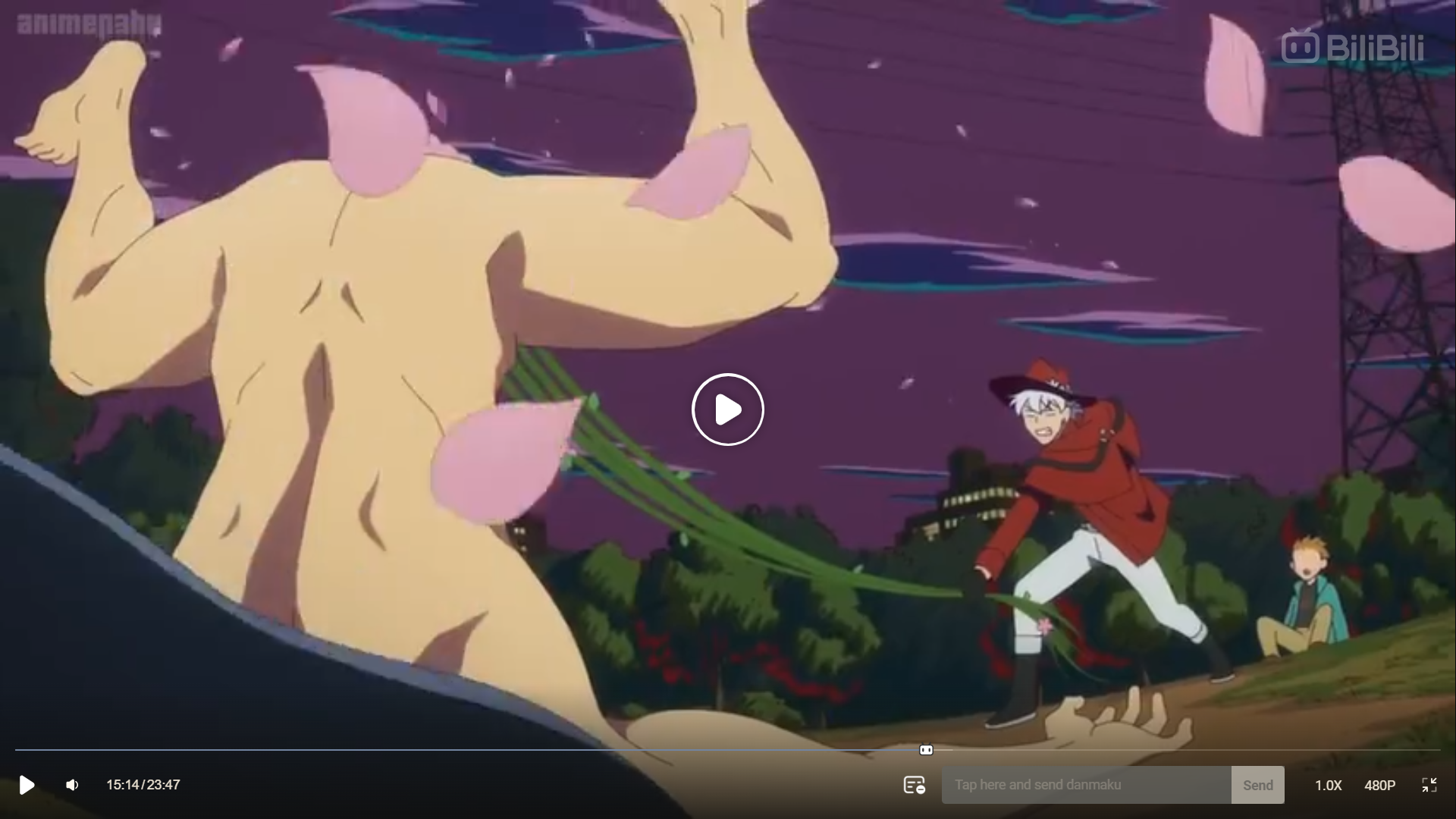 a screenshot from an anime featuring a dramatic fight scene at night. a man in a red coat with white trim is attacking a giant humanoid creature with green tendrils emanating from his hand. the giant is falling backwards, and pink flower petals are swirling around them.  the background is a dark cityscape with green trees.  the scene is lit with a dramatic pink glow.